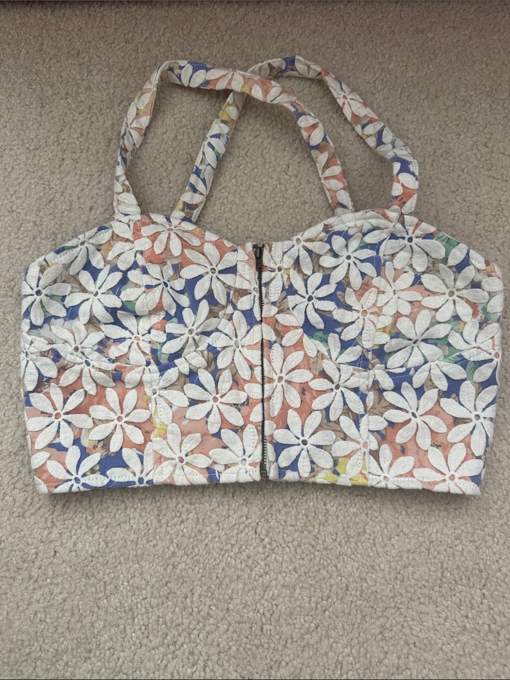 Sugarlips White Floral Lace Crop Top with Multi-Color Underlay Vintage 2010's